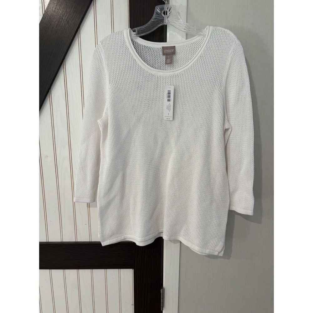Chico’s Mesh Knit Sweater 3/4 Sleeves White Size 1 Medium 570325867